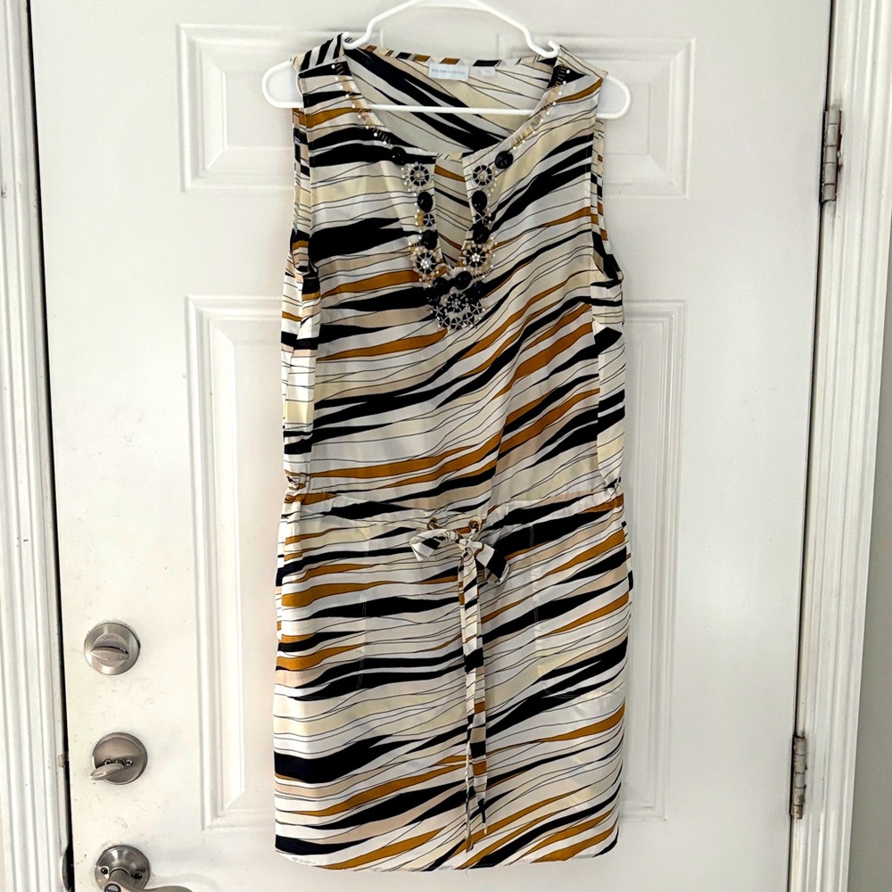 New York & Company Sleeveless Striped Tie-Waist Dress in Black, White & Mustard